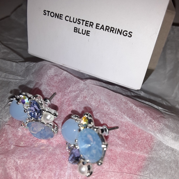 Avon Blue Stone Cluster Stud Earrings with Silvertone posts - Picture 2 of 4